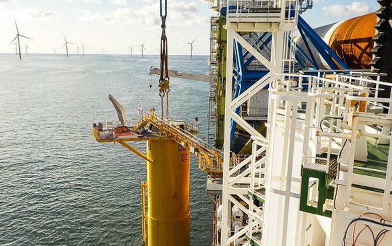 The first of 31 monopile foundation is installed at Deutsche Bucht. Image by: Northland Deutsche Bucht.