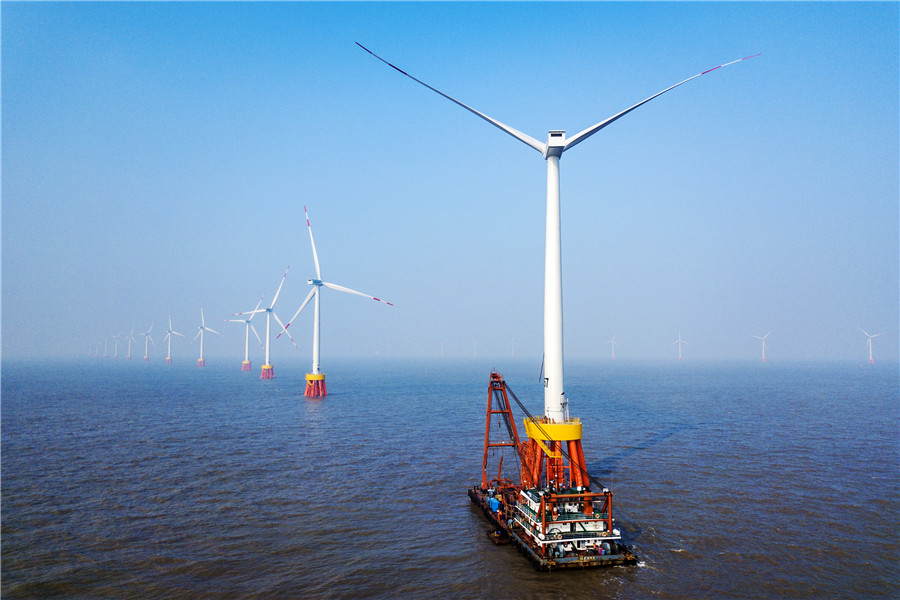 An overview of an offshore wind farm in Zhoushan, Zhejiang province. [Photo by Yao Feng/For China Daily]