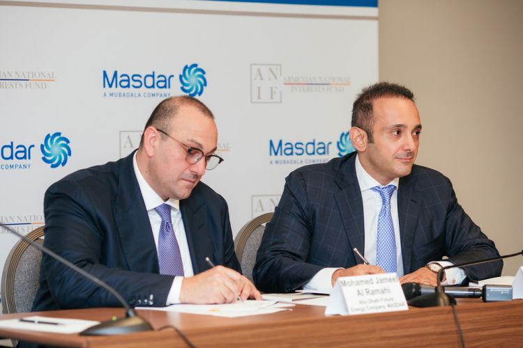 Mohamed Jameel Al Ramahi, chief executive officer of Masdar, and David Papazian, chief executive officer of the Armenian National Interests Fund, signed the MoU last week. Image: Masdar