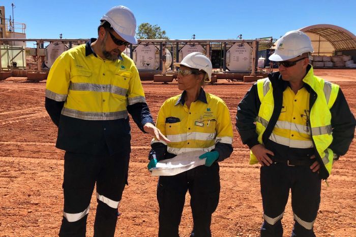 PHOTO: Mr Bauk, laboratory technician Lynette Fowles and chief operating officer Robin Jones. (ABC Kimberley: Rebecca Nadge)