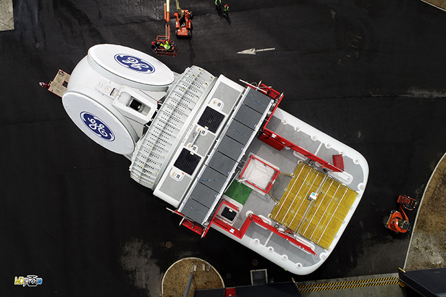 On July 22, 2019, GE Renewable Energy unveiled the first nacelle manufactured for a Haliade-X offshore wind turbine prototype at its production facility in Saint-Nazaire, France. Courtesy: GE Renewable Energy