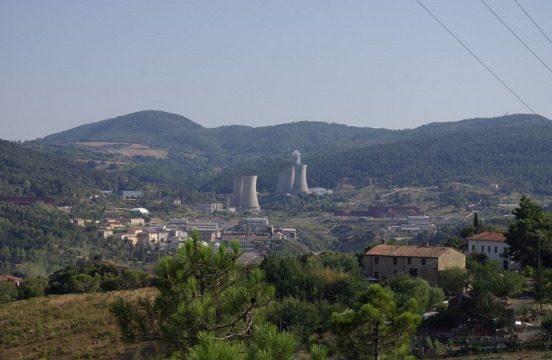 At look at Larderello Geothermal Energy plant in Italy, the oldest geothermal plant in the world. Larderello geothermal power plant in Tuscany, Italy.