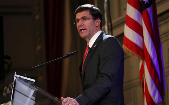 FILE PHOTO: U.S. Defense Secretary Mark Esper speaks during an event at the Concert Noble in Brussels, Belgium October 24, 2019. Francisco Seco/Pool via REUTERS