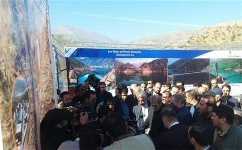 Parliament speaker Ali Larijani and Energy Minister Reza Ardekanian attend inauguration of a hydropower plant in Sardasht, northwest Iran on Nov. 5, 2019.