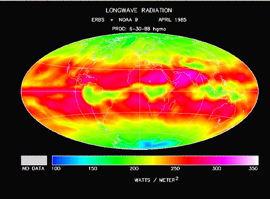 Earth’s longwave thermal radiation intensity, from clouds, atmosphere and the planet surface.