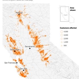 Area in Northern California de-energised by PG&E on 9 October 2019 (image from NYT)