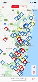Screenshot from the NSW RFS Fires Near Me app on 8 November 2019 showing the fires currently burning on the NSW North Coast