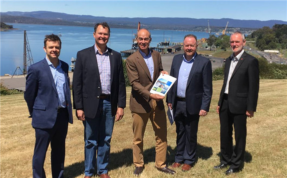 Coordinator-General John Perry, George Town mayor Greg Kieser, Energy Minister Guy Barnett, Hydro Tasmania chief strategy officer Andrew Catchpole and Launceston mayor Albert van Zetten at the Bell Bay manufacturing zone. Picture: supplied