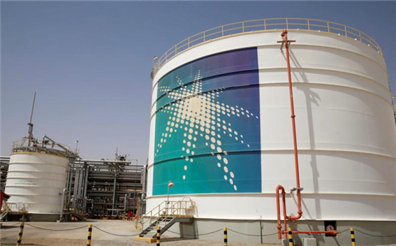 An Aramco oil tank is seen at the production facility at Saudi Aramco's Shaybah oilfield.
