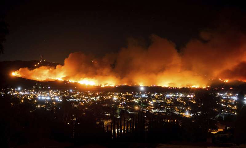 In this Oct. 31, 2019, file photo, smoke from a wildfire known as the Maria Fire billows above Santa Paula, Calif. A new technology being tested by California utilities is aimed at diagnosing problems before they could cause power outages or spark wildfires. The technology invented by Texas A&M University was designed to provide greater reliability for utility customers, but its biggest selling point could be its use in preventing disasters. (AP Photo/Noah Berger, File)