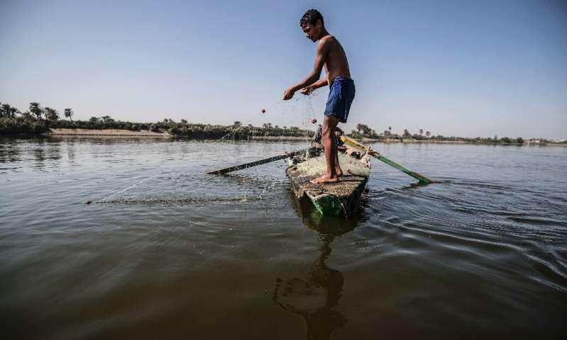 A young Egyptian fisherman pulls his net in the River Nile, south of the Egyptian capital, with Egypt suffering for years from an acute water crisis