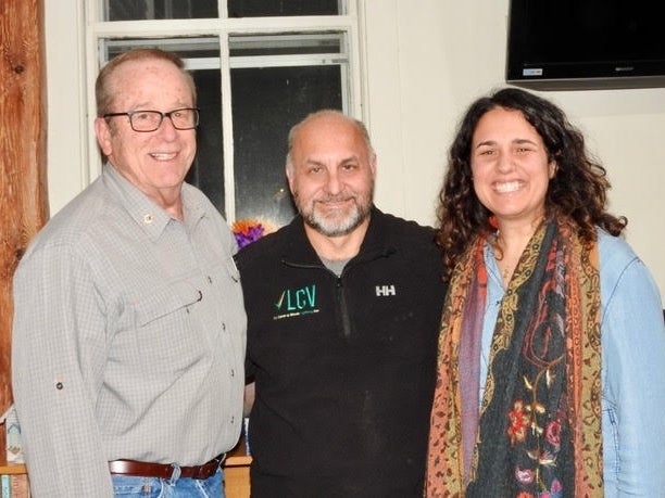 Robert Werner. the state director for the New Hampshire League of Conservation Voters, spoke at a diner and educational forum held Nov. 14. Also pictured: state Rep. Tom Schamberg and Jennifer Alford-Teaster. (InDepthNH.org)