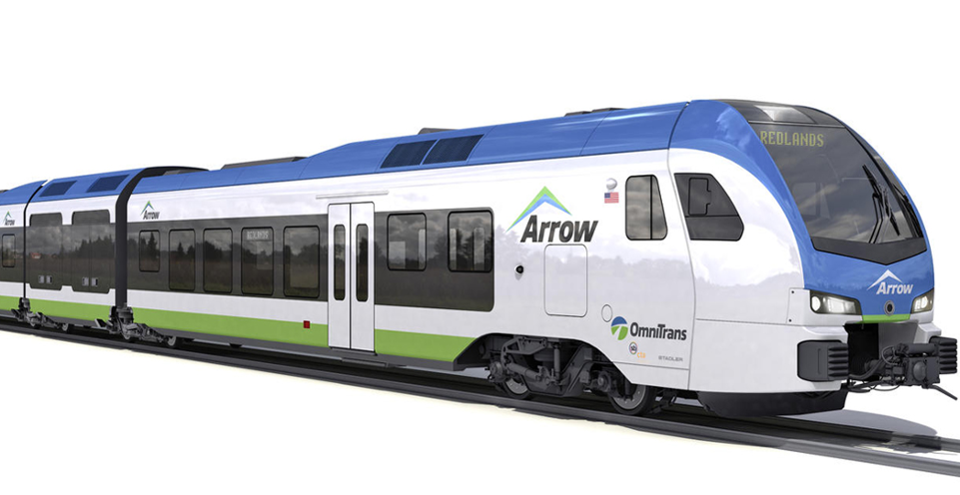 Stadler's hydrogen-powered FLIRT trains are to go into service on a new commuter rail line in San ... [+]STADLER AND THE SAN BERNARDINO COUNTY TRANSPORTATION AUTHORITY