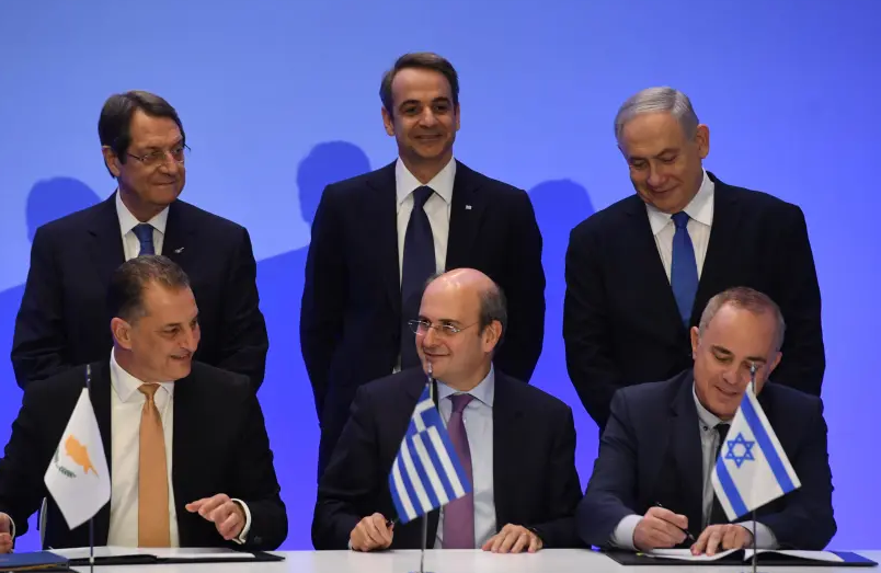 East-Med gas deal signed by Cyprus, Greece and Israel. Standing are Cypriot President Nicos Anastasiades Greek Prime Minister Kyriakos Mitsotakis and Prime Minister Benjamin Netanyahu. Sitting are the respective Energy Ministers of these three nations, Georgios Lakkotrypis, Kostas Hatzidakis and Yu
