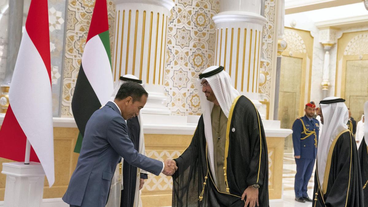 Dr Sultan Al Jaber, UAE Minister of State, and group chief executive of Adnoc greets Joko Widodo, President of Indonesia during a reception at Qasr Al Watan. Courtesy Ministry of Presidential Affairs