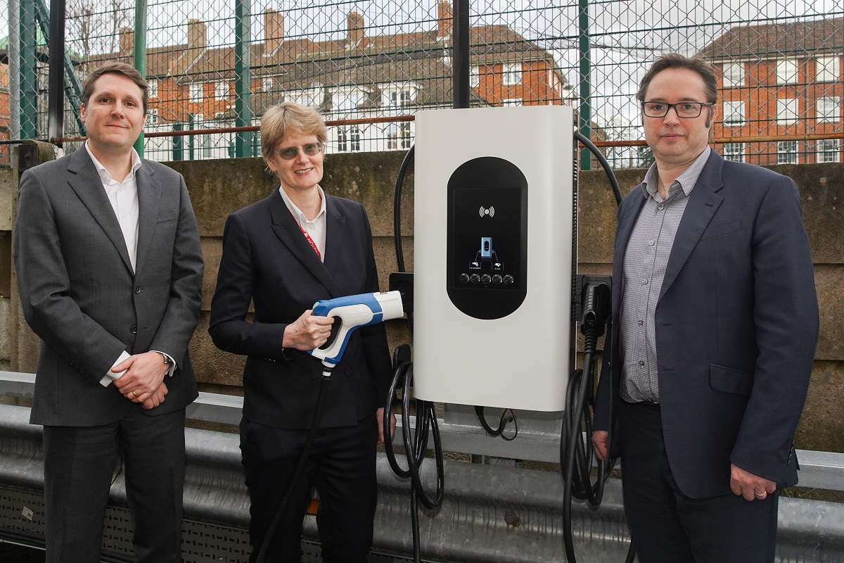 Matthew Waite from Honda, Councillor Rowena Champion and Chris Wright from Moixa unveiling the smart EV charging project. Source: MoixaNext