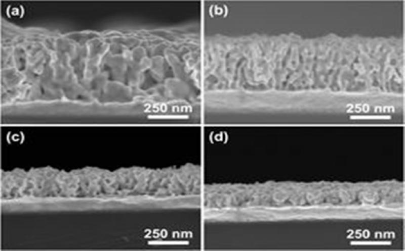 Cross-sectional SEM images of mesoporous bimetallic Au-Ni films obtained from precursor solutions containing different Au:Ni molar ratios: (a) 100:0, (b) 75:25, (c) 50:50, and (d) 25:75 at an applied potential of -0.7?V and temperature of 40 degrees C.