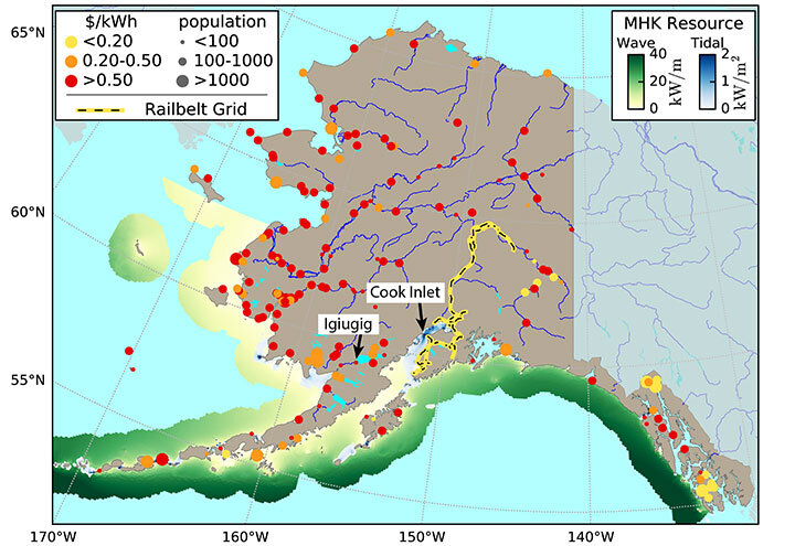 Rural Alaskan energy prices (red, orange, yellow dots) and marine energy resources (green, blue). Credit: Levi Kilcher, NREL