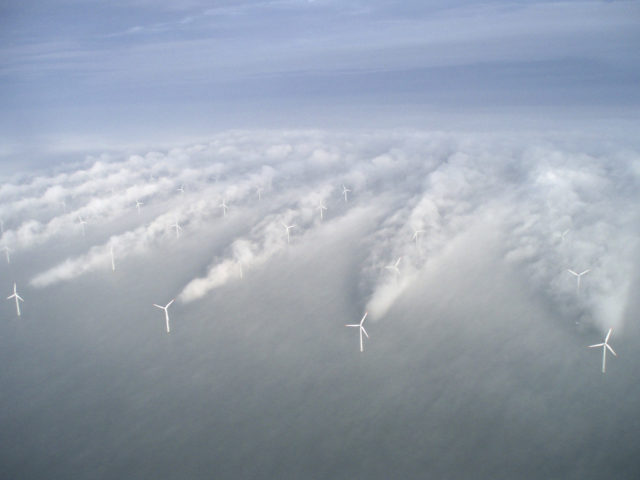 Aerial view of Horns rev wind farm in Denmark. Image credit: Vattenfall via Flickr