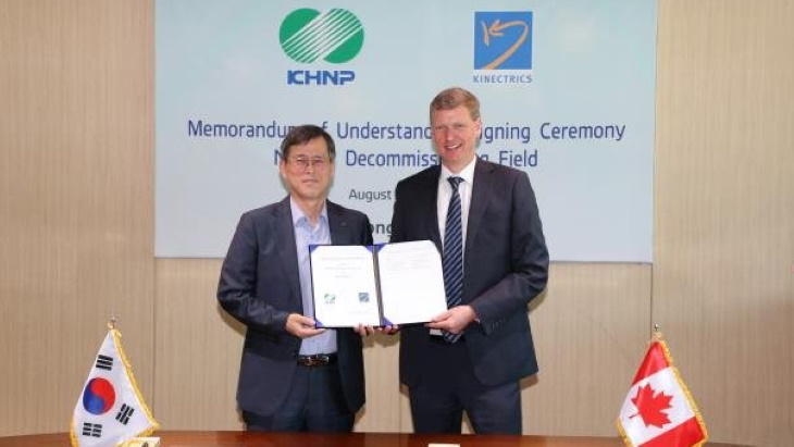 The signing last August of the MoU on cooperation by KHNP CEO Jung Jae-hoon and Kinectrics President David Harris (Image: KHNP)