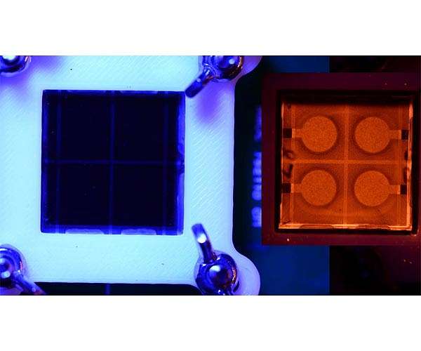 Perovskite solar cells bathed in blue light, and responding in infrared.