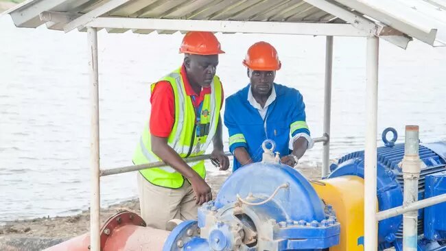 Maamba Collieries staff inspect the new pump station on Lake Kariba. 