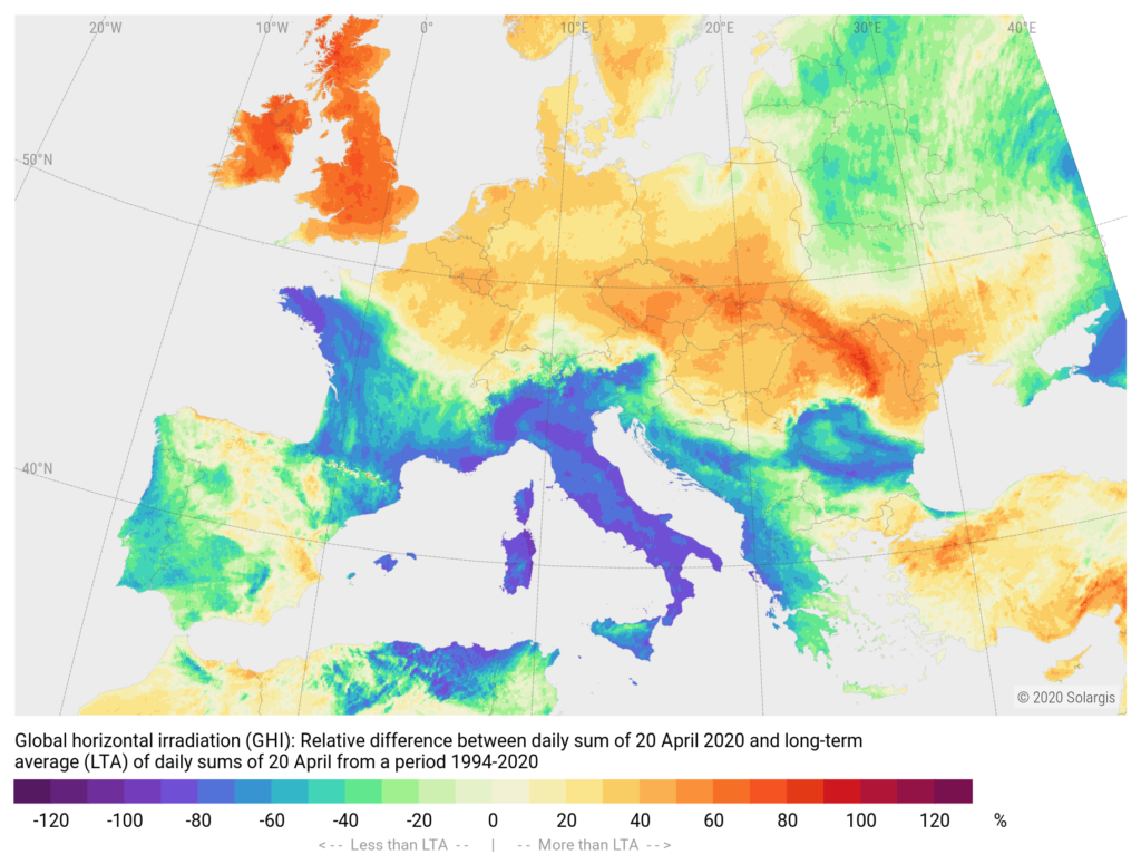 European GHI 20th April 2020 – difference from long-term average
