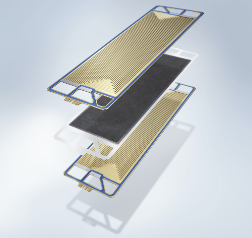 The PEM fuel cell is structured like a sandwich. In the center is a thin plastic film, the Proton Exchange Membrane (or PEM). This membrane is coated on both sides with a thin catalyst layer and a gas permeable electrode made of graphite paper. The membrane is surrounded by two bipolar plates into which gas ducts have been milled. Through these gas ducts flows hydrogen on the one side, and oxygen on the other. These individual fuel cells are stacked one behind the other to create the fuel cell stack, thus forming the energy source to drive the vehicle. Source: Daimler