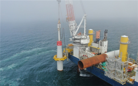 The Vole au Vent vessel installing monopile foundations at Dominion's Coastal Virginia offshore wind pilot last month. (Image: Dominion)