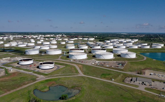 An aerial drone view of a crude oil storage facility on April 23, 2020 in Cushing, Oklahoma.