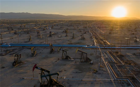 An aerial view shows pumpjacks in the South Belridge Oil Field on April 24, 2020 near McKittrick, California.