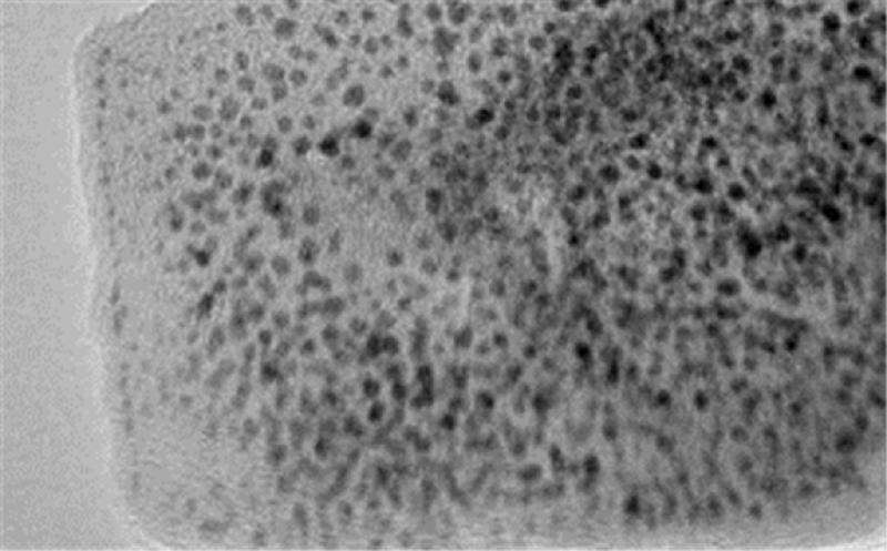 Transmission Electron Micrograph of graphene decorated with platinum nanoparticles. The dark spots are the platinum nanoparticles and the grey sheet they lie on is the graphene support material.