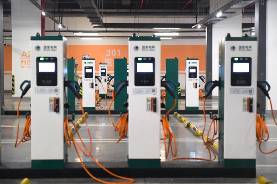 Photo taken on May 16, 2020 shows an electric vehicle charging station in an underground parking lot in Beijing, capital of China.(Xinhua/Ju Huanzong)