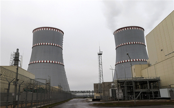 General view of the first Belarusian Nuclear Power Plant during the plant's power launch event outside the city of Astravets, Belarus, Saturday, Nov. 7, 2020. Alexander Lukashenko on Saturday formally opened the country's first nuclear power plant, a project sharply criticized by neighboring Lithuania. Lukashenko said the launch of the Russian-built and -financed Astravyets plant 