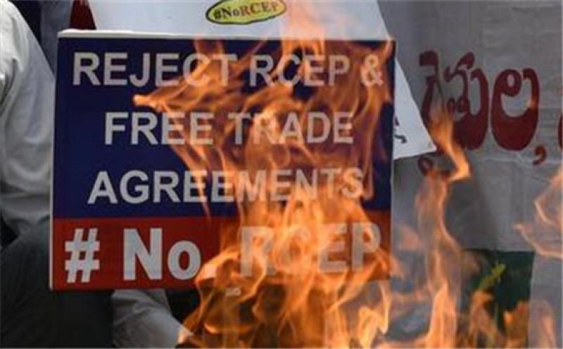 Protesters burn an effigy of Regional Comprehensive Economic Partnership (RCEP), during a demonstration against the government's plan to join the RCEP, in Hyderabad on November 4, 2019. (File Photo)