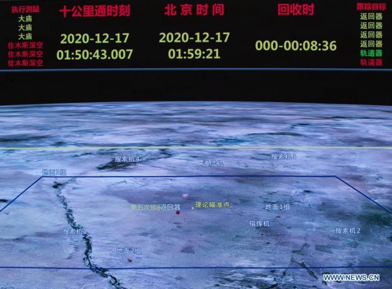 This simulated image captured at Beijing Aerospace Control Center in Beijing, capital of China, Dec. 17, 2020 shows the return capsule of China's Chang'e-5 probe landing in Siziwang Banner, north China's Inner Mongolia Autonomous Region. The return capsule of China's Chang'e-5 probe touched down on Earth in the early hours of Thursday, bringing back the country's first samples collected from the moon, as well as the world's freshest lunar samples in over 40 years. (Xinhua/Jin Liwang)