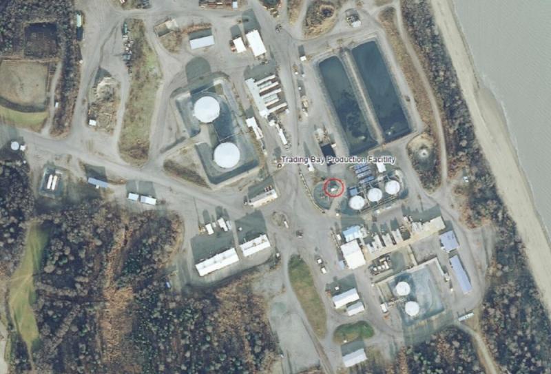 Aerial view of Hilcorp's Trading Bay Production Facility near Kenai, where a spill was reported to the state on Dec. 15, 2020. The spill site is indicated by a red circle. (Screenshot from Alaska Department of Environmental Conservation situation report, Dec. 16, 2020)