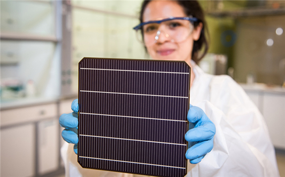 Photo: Oxford PV An Oxford PV commercial sized perovskite-silicon tandem cell.