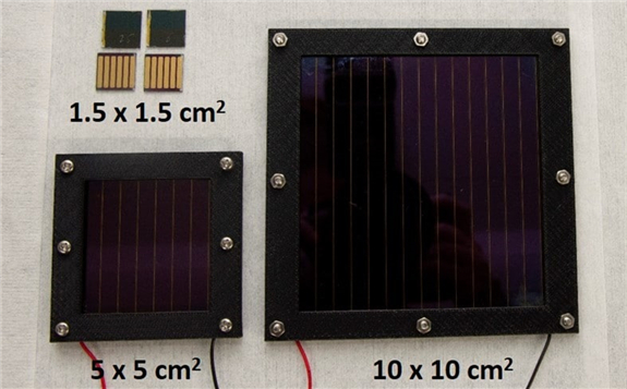 The two mini solar modules developed by the Korean researchers.  Image: Okinawa Institute of Science and Technology Graduate University (OIST).