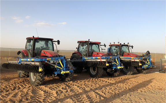 Picture 3: Ready for cleaning: three SunBrush® mobil solar panel cleaners at the Benban solar park.