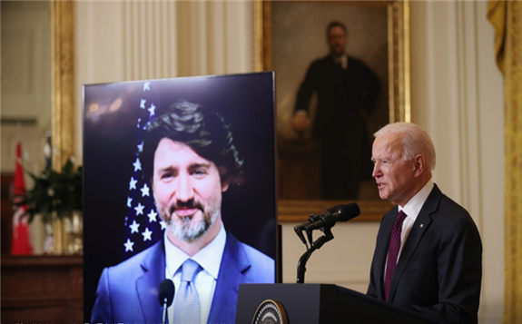 U.S. President Joe Biden and Canada?s Prime Minister Justin Trudeau, appearing via video conference call, give closing remarks at the end of their virtual bilateral meeting from the White House in Washington, U.S. February 23, 2021. REUTERS/Jonathan Ernst