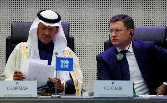 Saudi energy minister Prince Abdulaziz bin Salman, left, with Russia's Deputy Prime Minister Alexander Novak at an Opec+ meeting in Vienna. Reuters