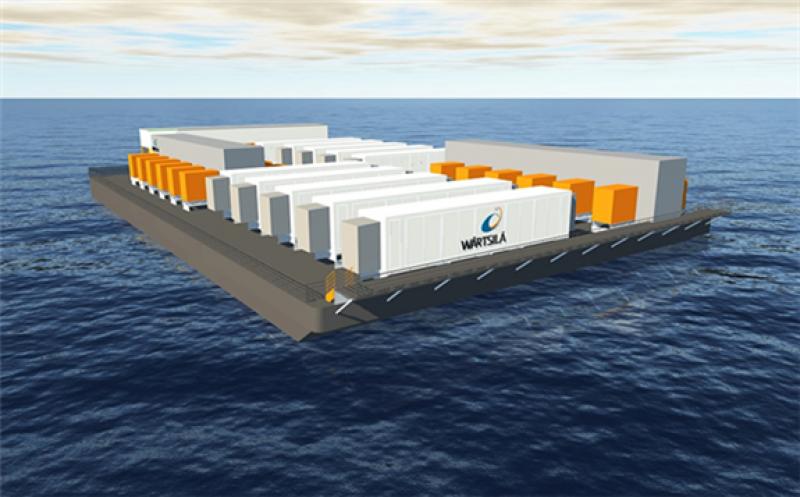 The first floating energy storage solution in south-east Asia involves ten Wärtsilä GridSolv Max energy storage systems using GEMS software aboard a barge. Credit: Wärtsilä Corp.