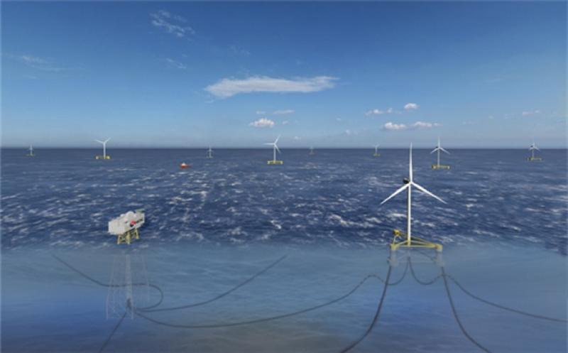 This image provided by the Korea National Oil Corp. shows a floating offshore wind farm to be built in the East Sea off the coast of Ulsan, 414 kilometers southeast of Seoul.