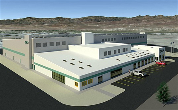 A rendering of American Battery Technology Company’s 60,000-square-foot lithium-ion battery recycling plant it is planning to build in Fernley. Courtesy Photo