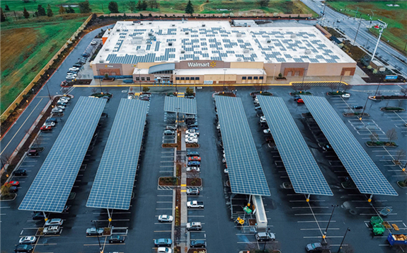 Rooftop solar and canopy parking solar at a California Walmart  Image: SolSystems