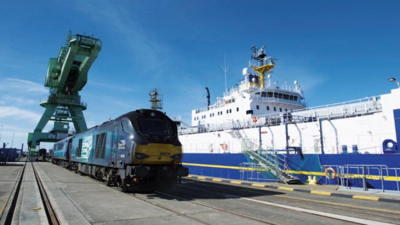 A DRS locomotive alongside one of PNTL's ships at Marine Terminal in Barrow, Cumbria (Image: NTS)