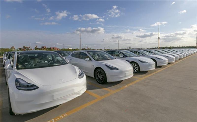 Photo taken on Oct. 19, 2020 shows the Tesla China-made Model 3 vehicles which will be exported to Europe at Waigaoqiao port in Shanghai, east China, Oct. 19, 2020. (Xinhua/Wang Xiang)