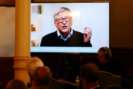 TerraPower Founder and Chairman Bill Gates speaks in a recorded video message during the press conference announcing efforts to advance a Natrium reactor demonstration project in Wyoming June 2, 2021, inside the Wyoming Capitol in downtown Cheyenne. (Michael Cummo/Wyoming Tribune Eagle/Wyoming News Exchange)