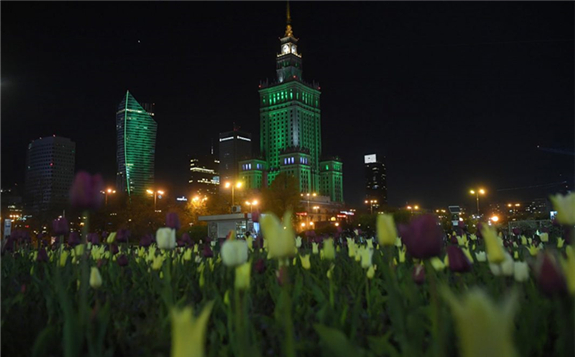 The Palace of Culture and Science illuminated in green color on the occasion of the 50th anniversary of the World Earth Day, Warsaw, Poland, April 22, 2020.
